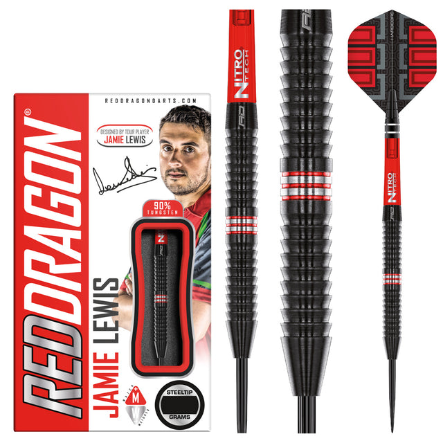 Jamie Lewis SE Steel Tip Darts product image showing the complete dart set, packaging and accessories
