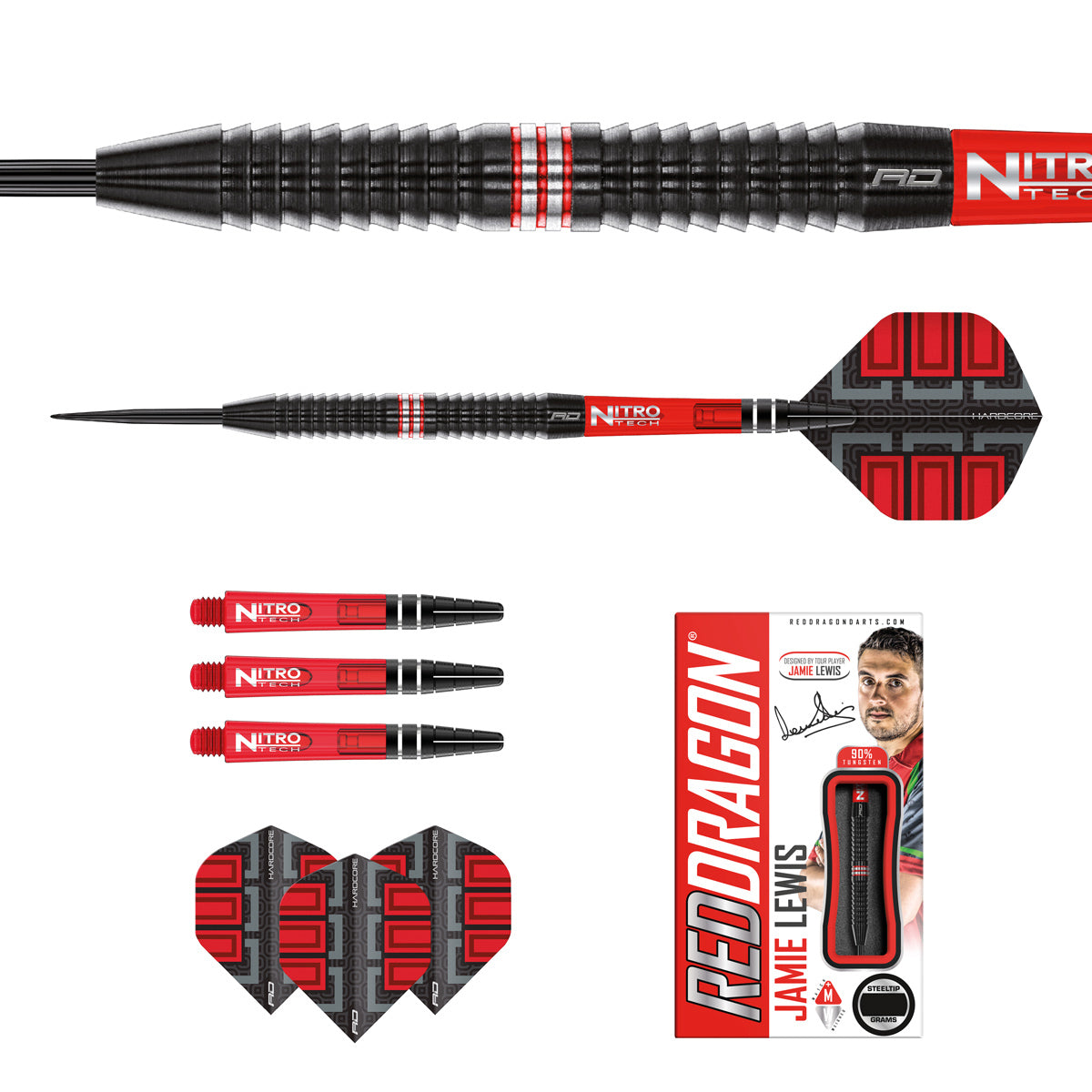 Contents of the Jamie Lewis SE darts box including flights, shafts and accessories