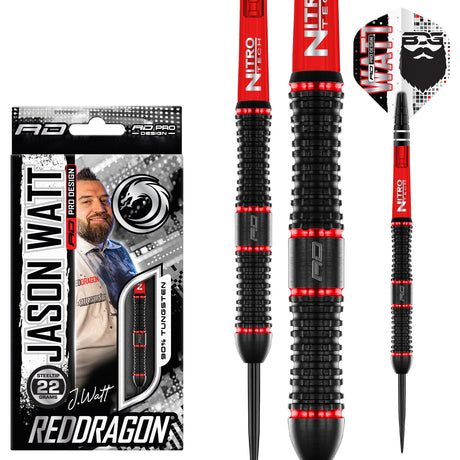 Jason Watt Steel Tip Darts main product image showing the darts, packaging, flights, shafts, and included accessories