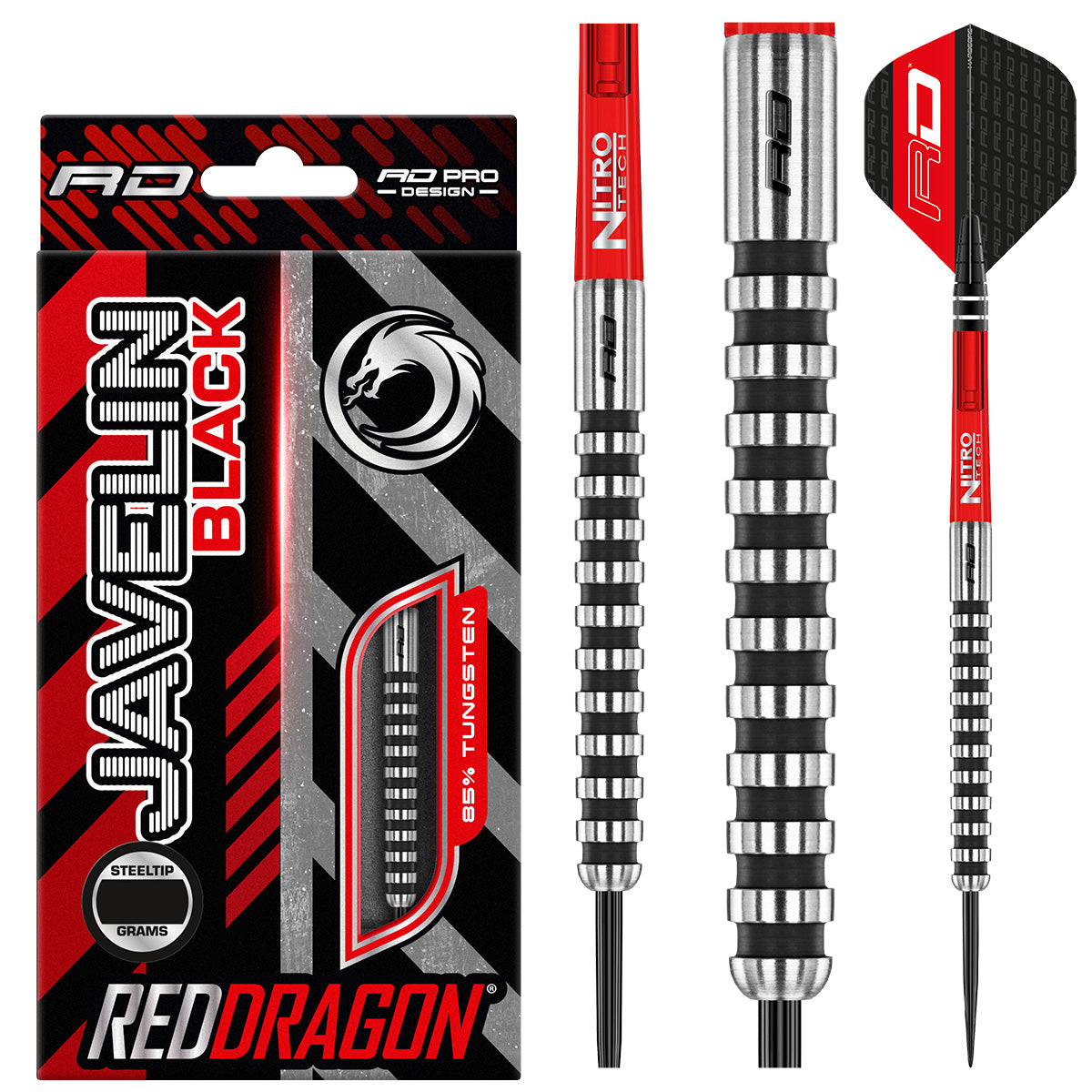 Javelin Black Steel Tip Darts product image showing the complete dart set, packaging and accessories