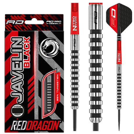 Javelin Black Steel Tip Darts product image showing the complete dart set, packaging and accessories
