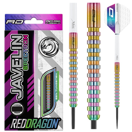 Javelin Spectron Steel Tip Darts product image showing the complete dart set, packaging and accessories