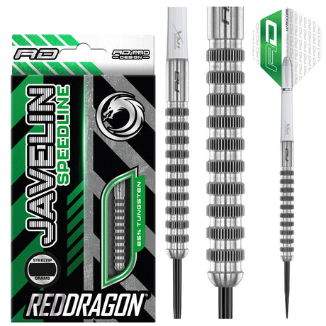 Javelin Speedline Steel Tip Darts main product image showing the darts, packaging, flights, shafts, and included accessories