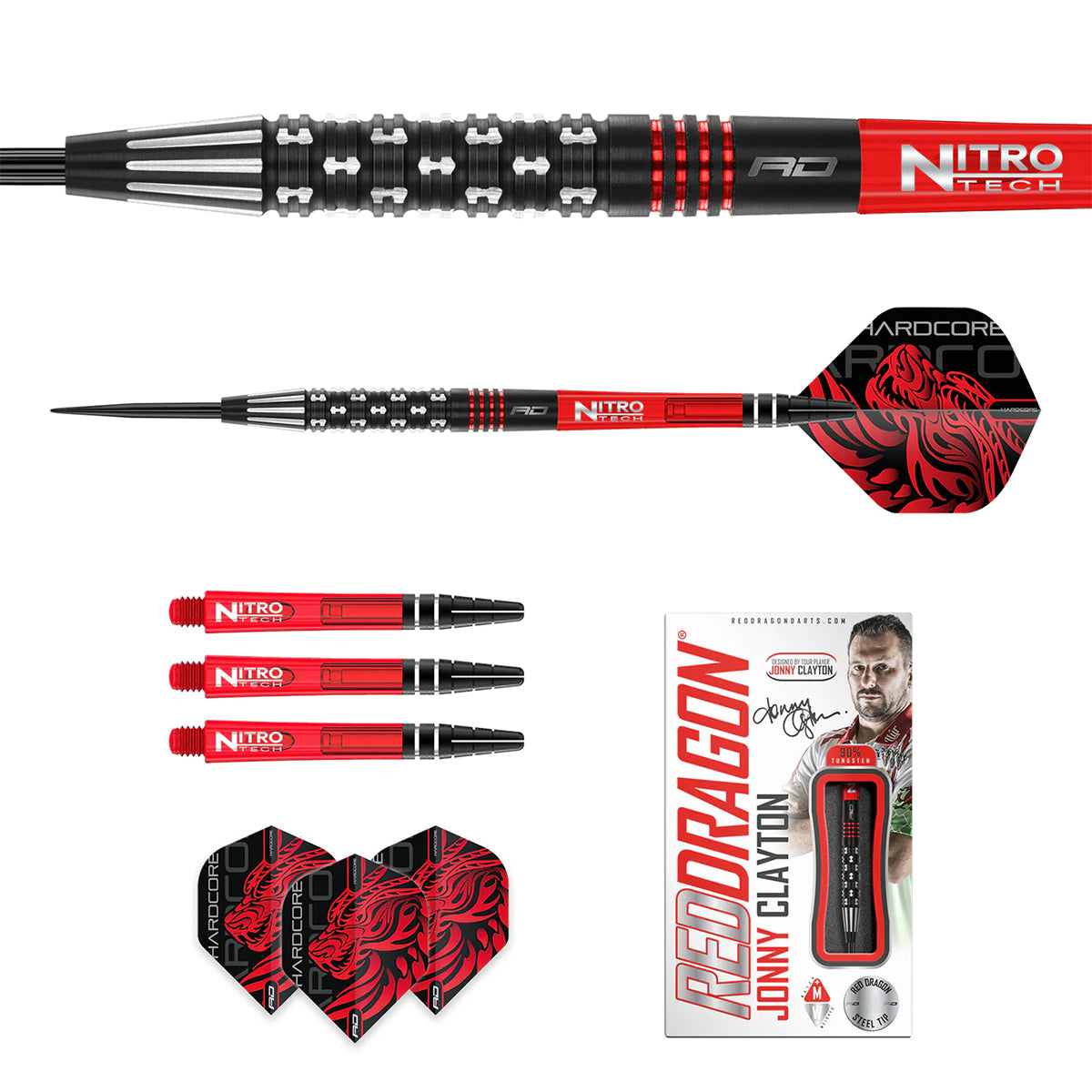 Contents of the Jonny Clayton Premier League SE darts box including flights, shafts and accessories