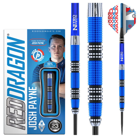 Josh Payne Steel Tip Darts product image showing the complete dart set, packaging and accessories