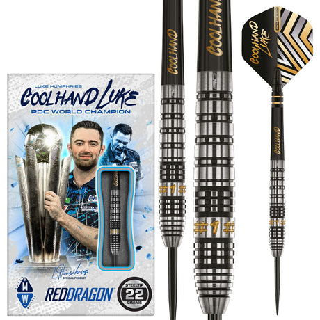 Luke Humphries Prestige Steel Tip Darts main product image showing the darts, packaging, flights, shafts, and included accessories