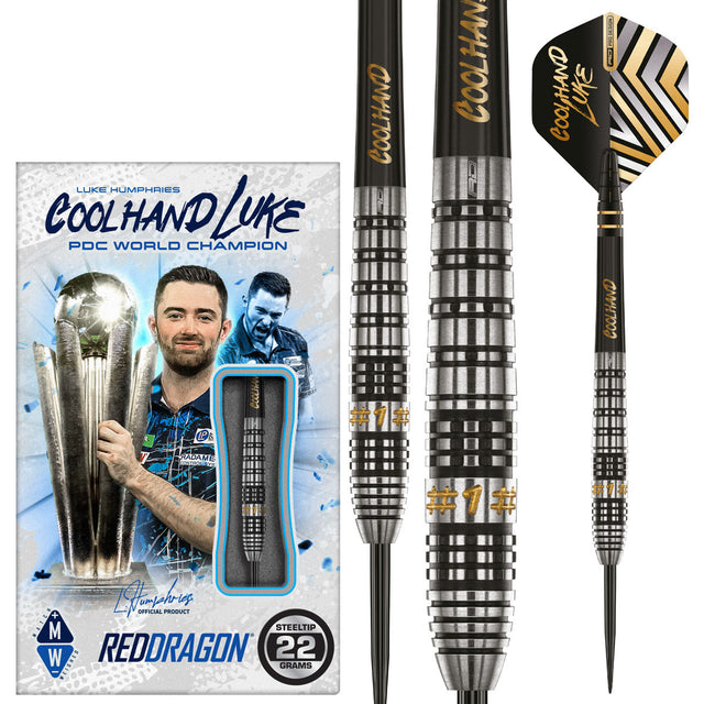 Luke Humphries Prestige Steel Tip Darts main product image showing the darts, packaging, flights, shafts, and included accessories