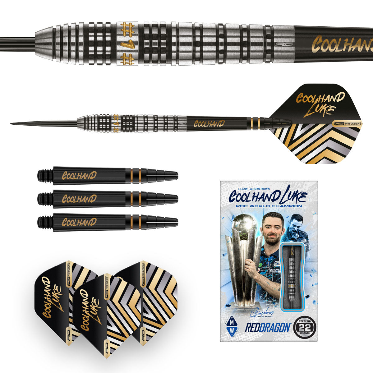 Luke Humphries Prestige Steel Tip Darts image displaying everything included inside the box