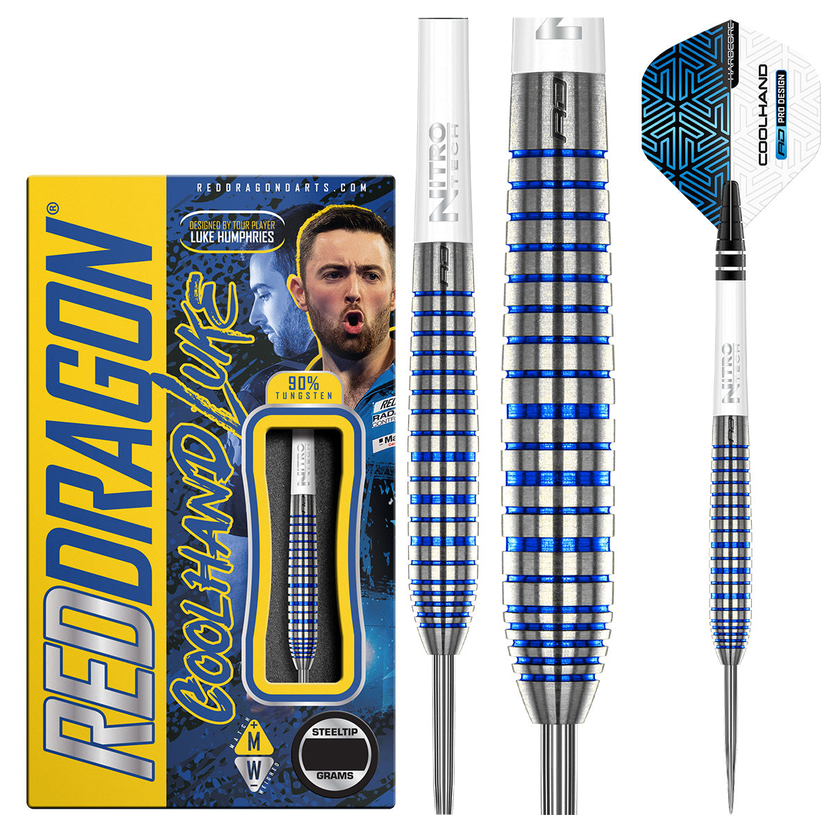 Luke Humphries TX3 Cool Blue SE Steel Tip Darts main product image showing the darts, packaging, flights, shafts, and included accessories