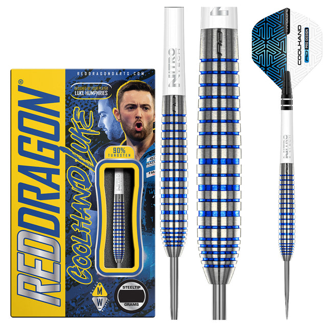 Luke Humphries TX3 Cool Blue SE Steel Tip Darts main product image showing the darts, packaging, flights, shafts, and included accessories