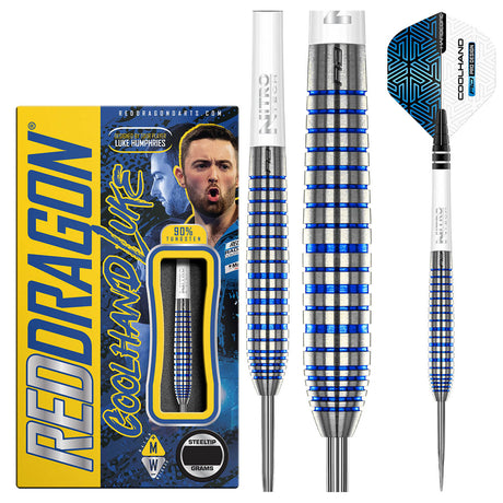 Luke Humphries TX3 Cool Blue SE Steel Tip Darts main product image showing the darts, packaging, flights, shafts, and included accessories