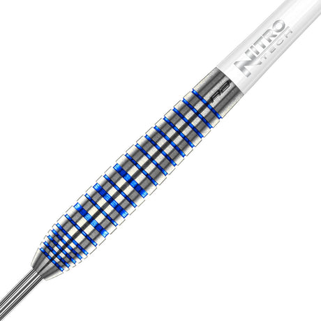 Luke Humphries TX3 Cool Blue SE Steel Tip Darts zoomed image highlighting the barrel grip, machining, coating, and surface detail