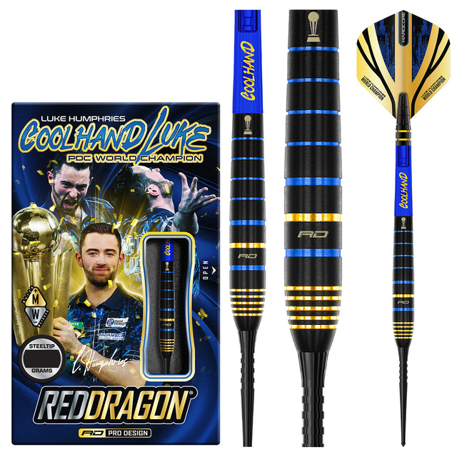 Luke Humphries TX4 Avenger Steel Tip Darts main product image showing the darts, packaging, flights, shafts, and included accessories