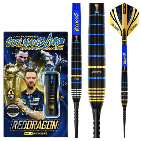 Luke Humphries TX4 Avenger Steel Tip Darts main product image showing the darts, packaging, flights, shafts, and included accessories