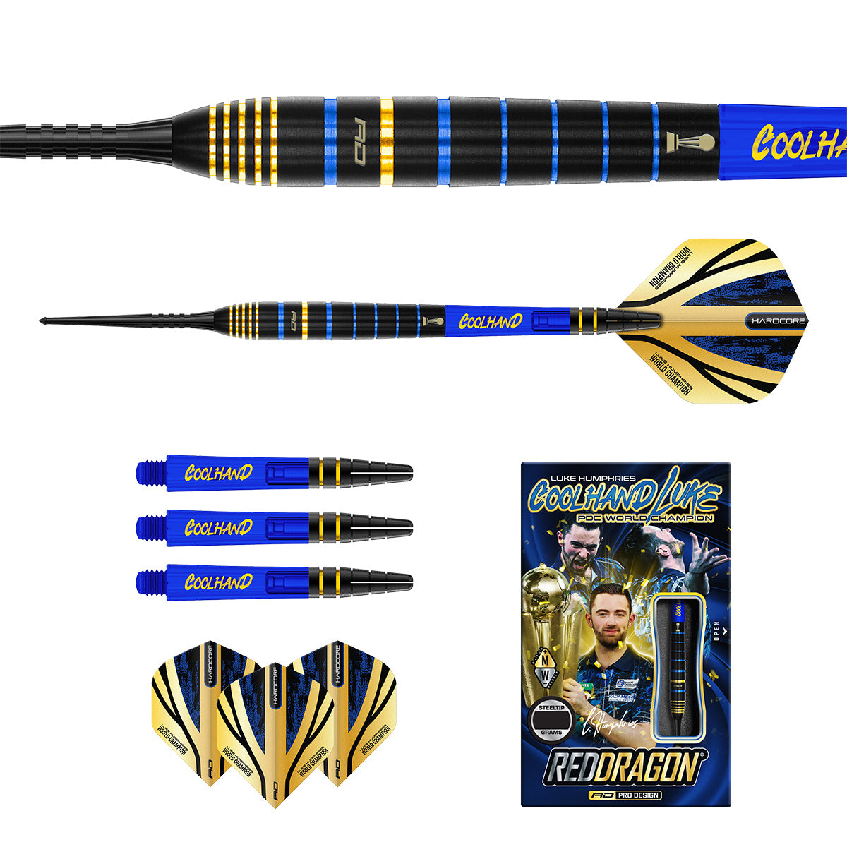 Luke Humphries TX4 Avenger Steel Tip Darts image displaying everything included inside the box