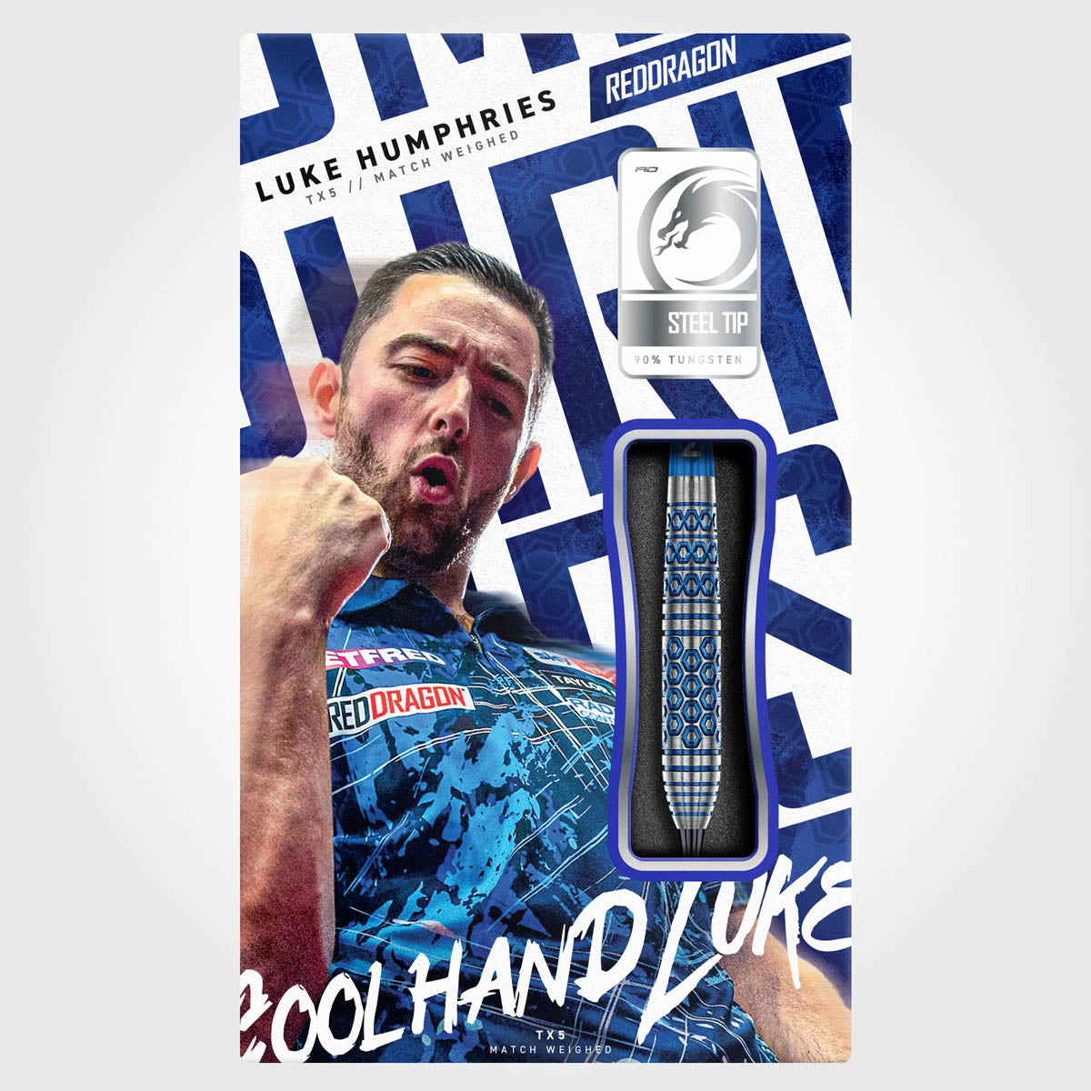 Red Dragon Luke Humphries TX5 Steel Tip Darts packaging image showing the retail presentation and box artwork