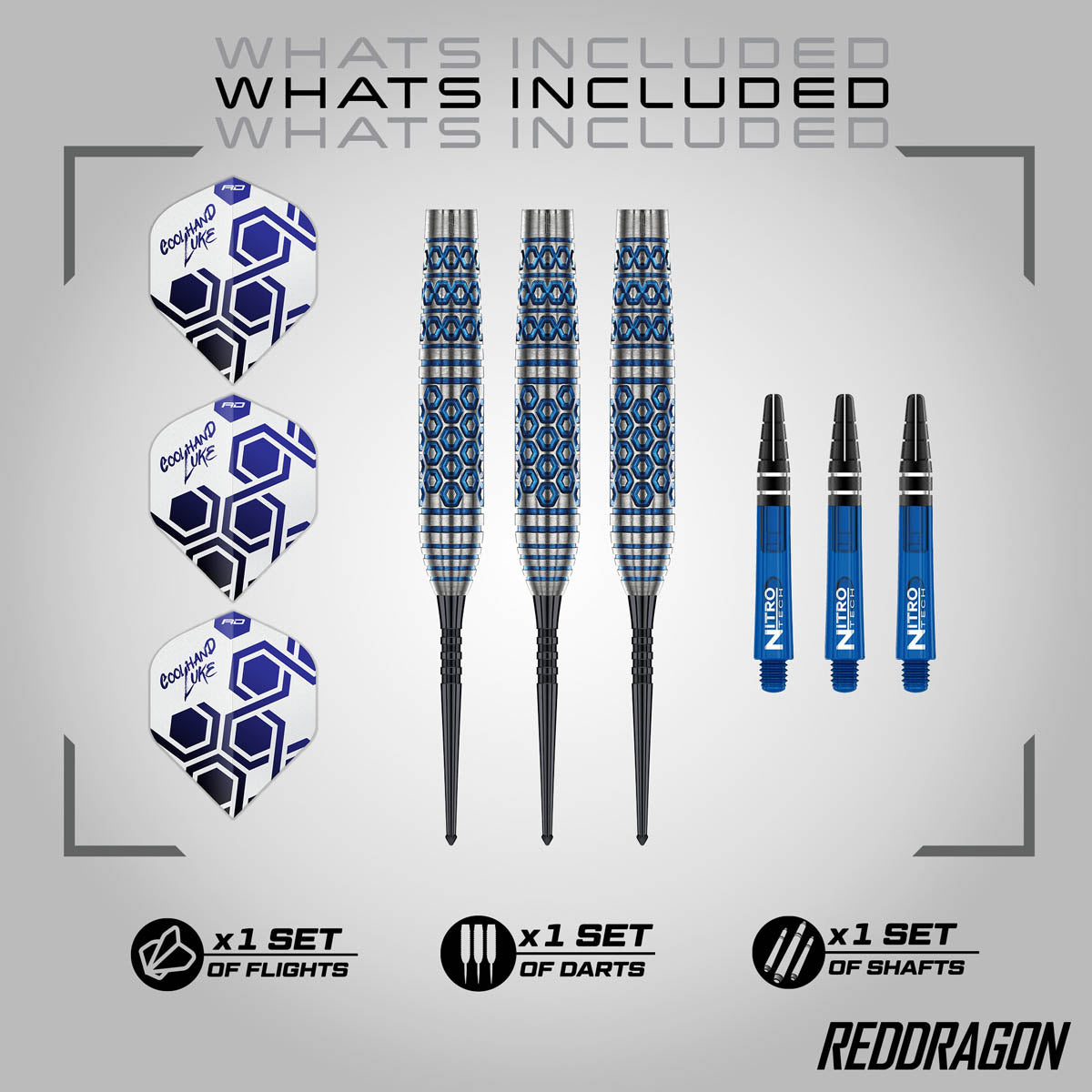 Red Dragon Luke Humphries TX5 Steel Tip Darts image displaying everything included inside the box