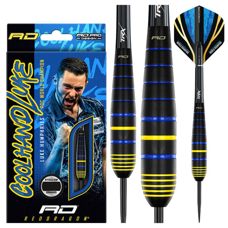 Luke Humphries World Champion Brass Steel Tip Darts main product image showing the darts, packaging, flights, shafts, and included accessories