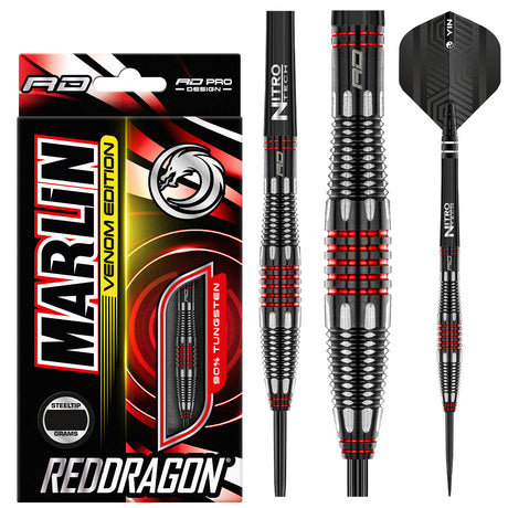 Marlin Venom Steel Tip Darts product image showing the complete dart set, packaging and accessories
