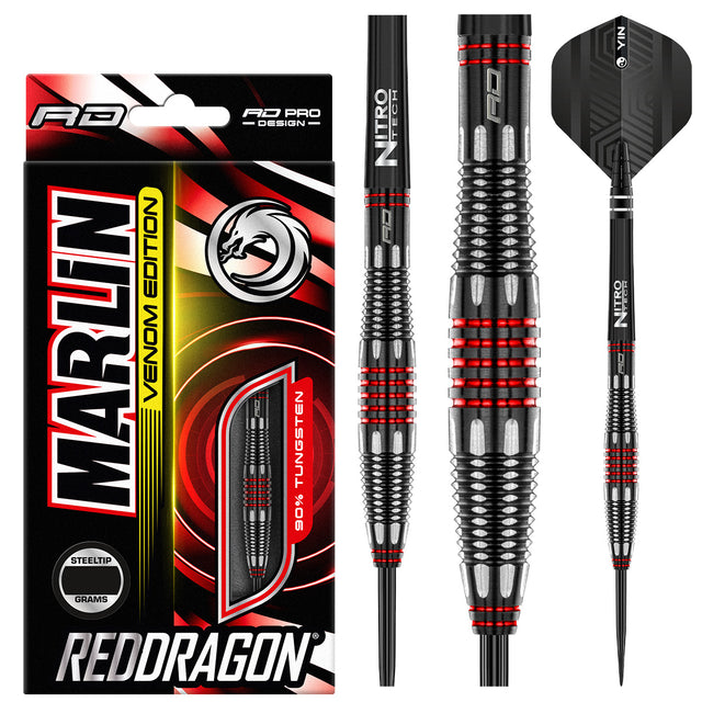 Marlin Venom Steel Tip Darts product image showing the complete dart set, packaging and accessories