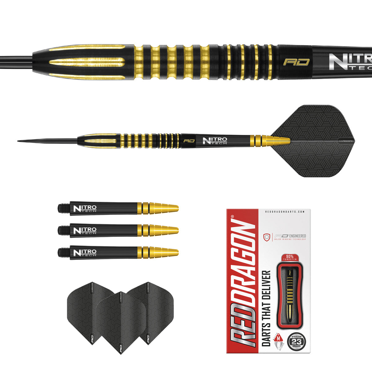 Contents of the Neil Duff darts box including flights, shafts and accessories