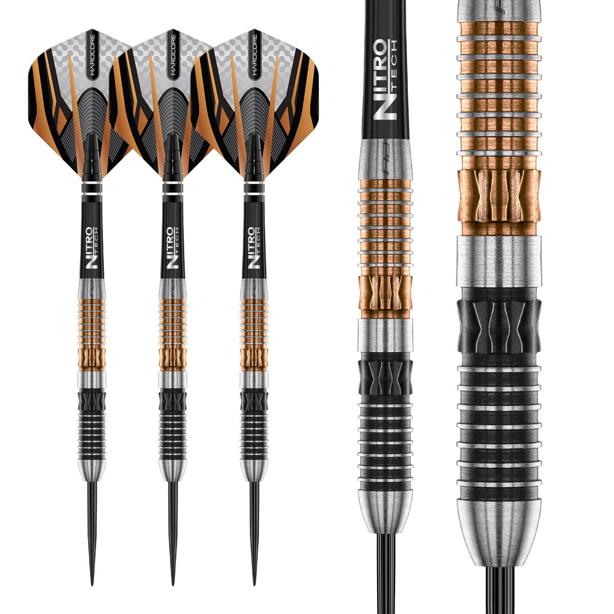 Panterra Steel Tip Darts complete dart overview image showing the full barrel profile and design from multiple angles