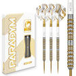 Red Dragon Paradym Gold Parallel Steel Tip Darts main product image showing the darts, packaging, flights, shafts, and included accessories