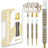 Red Dragon Paradym Gold Parallel Steel Tip Darts main product image showing the darts, packaging, flights, shafts, and included accessories