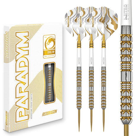 Red Dragon Paradym Gold Parallel Steel Tip Darts main product image showing the darts, packaging, flights, shafts, and included accessories