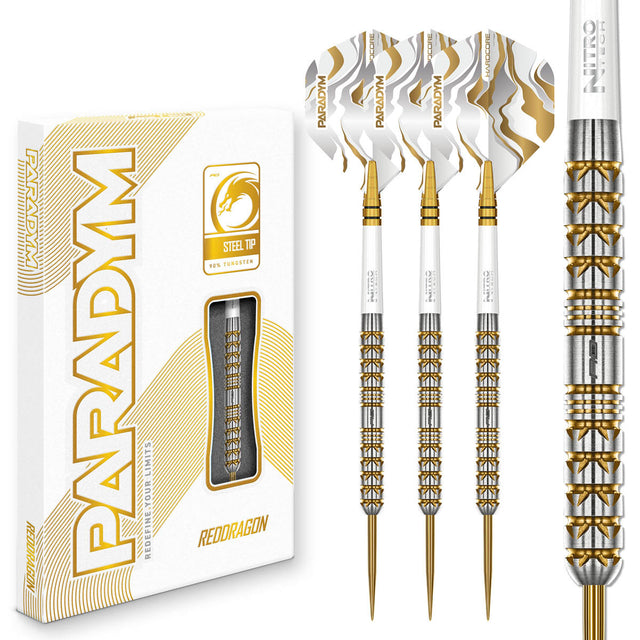 Red Dragon Paradym Gold Parallel Steel Tip Darts main product image showing the darts, packaging, flights, shafts, and included accessories