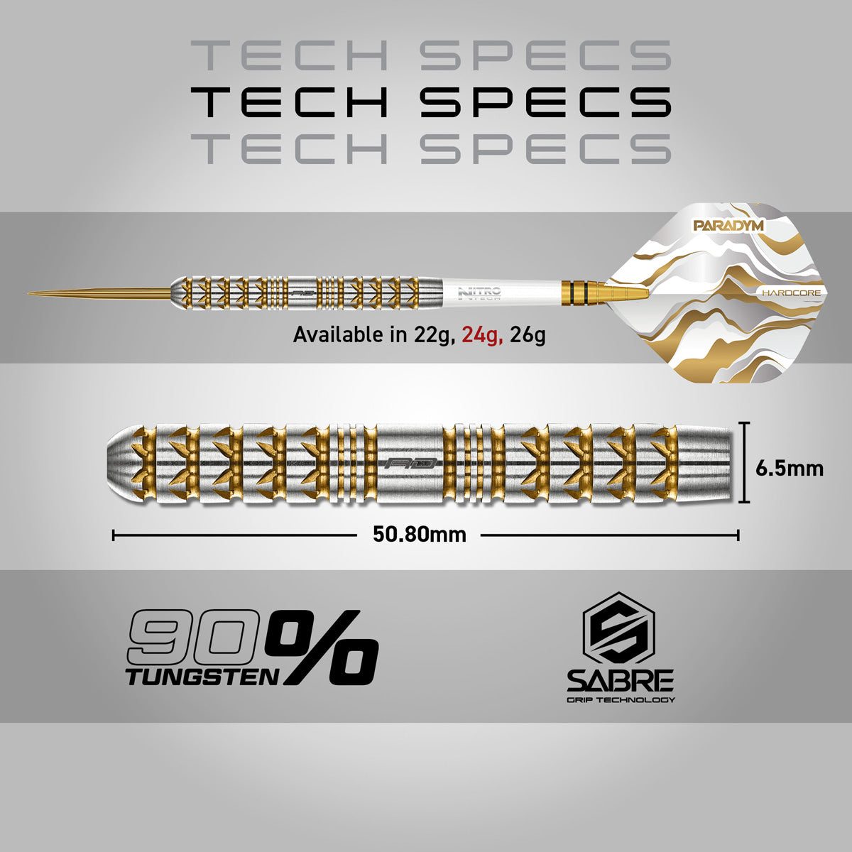 Red Dragon Paradym Gold Parallel Steel Tip Darts specifications image showing barrel dimensions, weight, and technical details