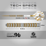 Red Dragon Paradym Gold Parallel Steel Tip Darts specifications image showing barrel dimensions, weight, and technical details