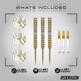 Red Dragon Paradym Gold Parallel Steel Tip Darts image displaying everything included inside the box