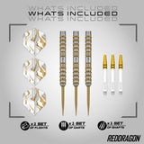 Red Dragon Paradym Gold Parallel Steel Tip Darts image displaying everything included inside the box