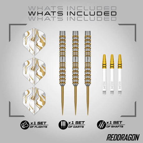 Red Dragon Paradym Gold Parallel Steel Tip Darts image displaying everything included inside the box