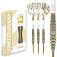 Red Dragon Paradym Gold Torpedo Steel Tip Darts main product image showing the darts, packaging, flights, shafts, and included accessories