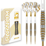 Red Dragon Paradym Gold Torpedo Steel Tip Darts main product image showing the darts, packaging, flights, shafts, and included accessories