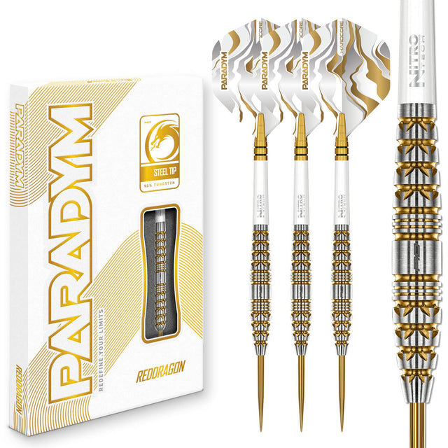 Red Dragon Paradym Gold Torpedo Steel Tip Darts main product image showing the darts, packaging, flights, shafts, and included accessories