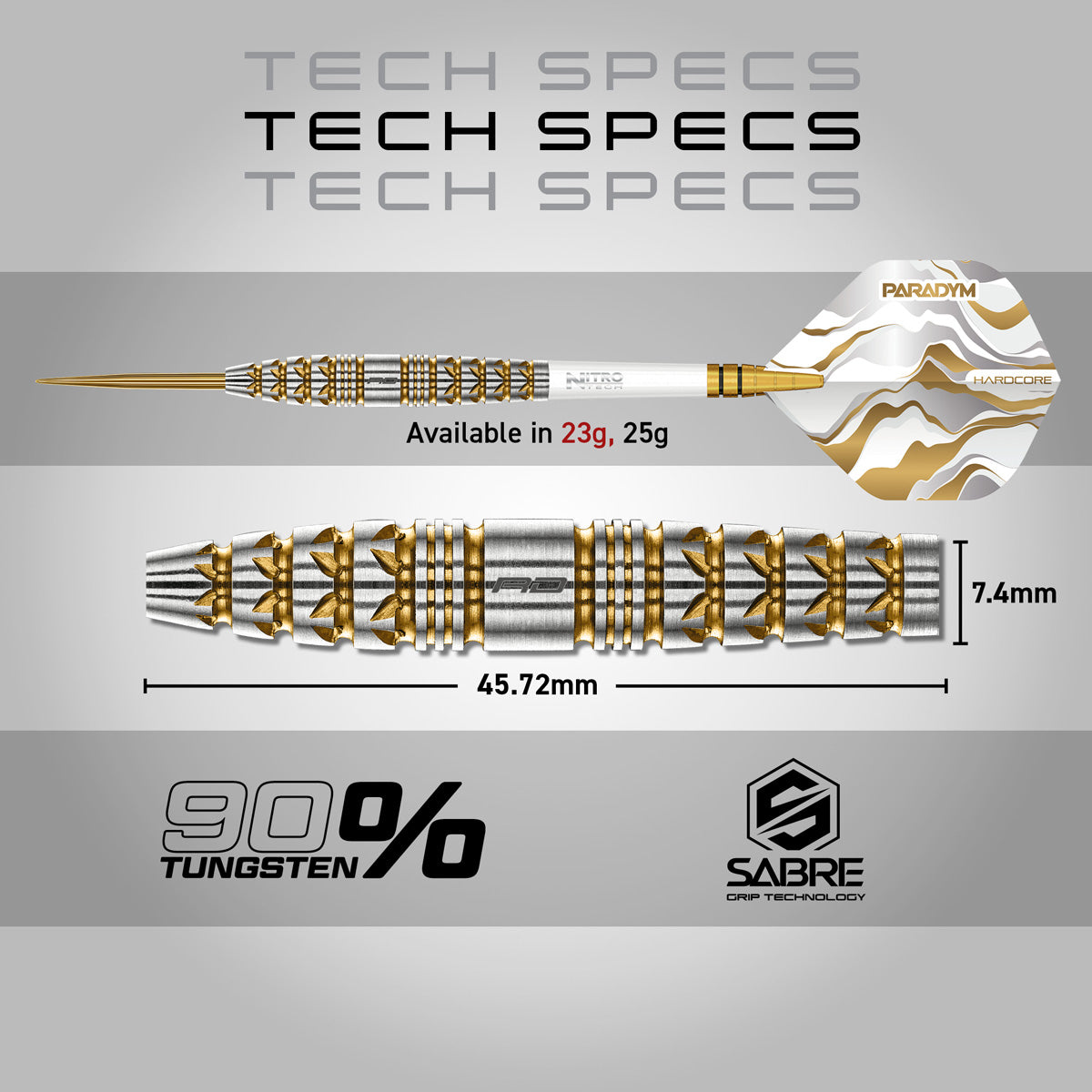 Red Dragon Paradym Gold Torpedo Steel Tip Darts specifications image showing barrel dimensions, weight, and technical details
