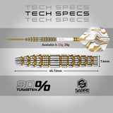 Red Dragon Paradym Gold Torpedo Steel Tip Darts specifications image showing barrel dimensions, weight, and technical details