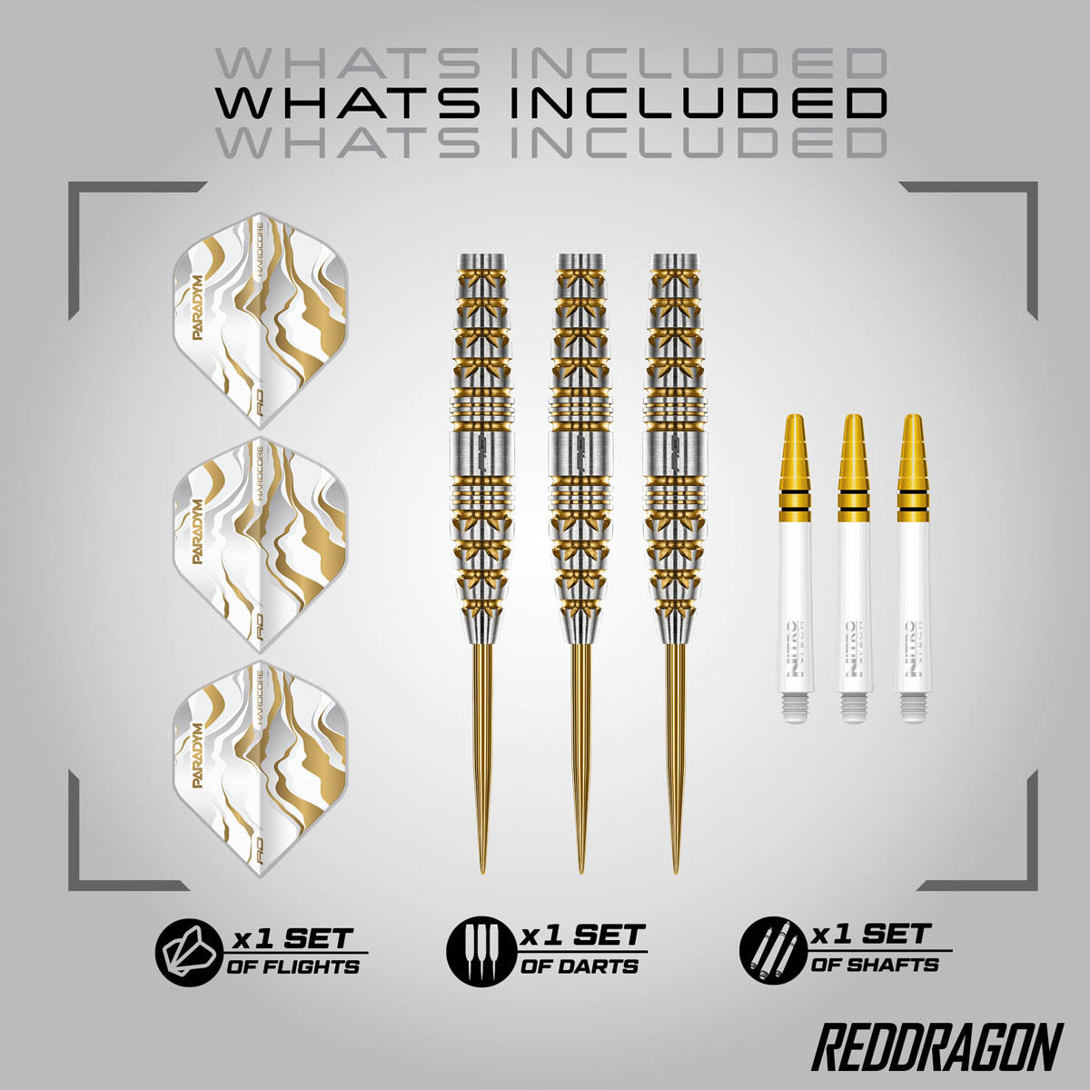 Red Dragon Paradym Gold Torpedo Steel Tip Darts image displaying everything included inside the box