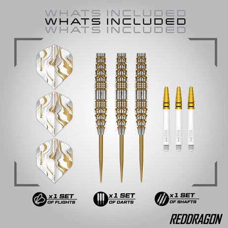 Red Dragon Paradym Gold Torpedo Steel Tip Darts image displaying everything included inside the box