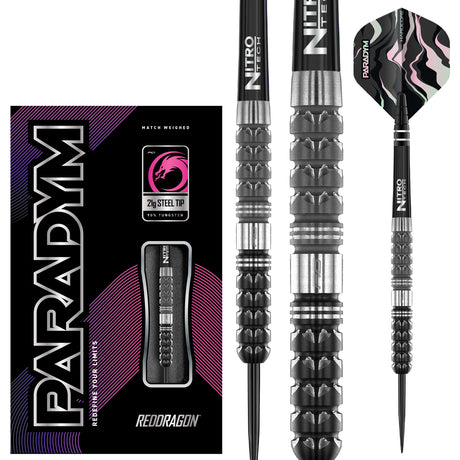 Paradym Tapered Steel Tip Darts main product image showing the darts, packaging, flights, shafts, and included accessories
