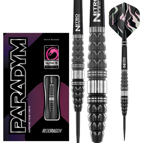 Paradym Torpedo Steel Tip Darts main product image showing the darts, packaging, flights, shafts, and included accessories