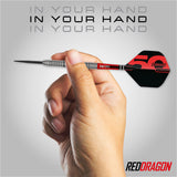 Red Dragon Penetrator 1 Steel Tip Darts in hand image showing the barrel size, grip profile, and scale when held