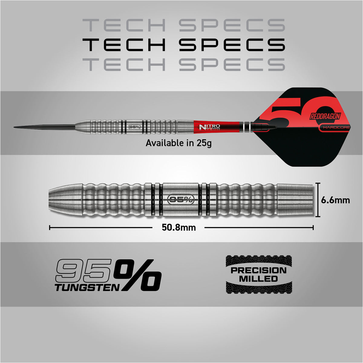 Red Dragon Penetrator 1 Steel Tip Darts specifications image showing barrel dimensions, weight, and technical details
