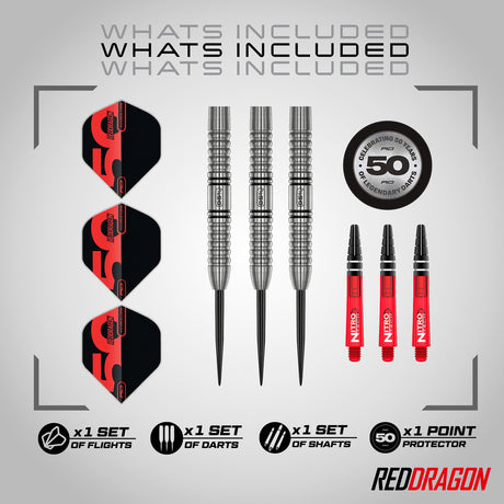 Red Dragon Penetrator 1 Steel Tip Darts image displaying everything included inside the box