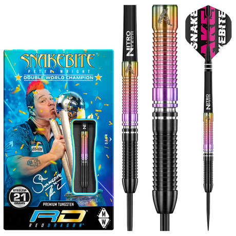 Peter Wright 2020 SE Steel Tip Darts product image showing the complete dart set, packaging and accessories