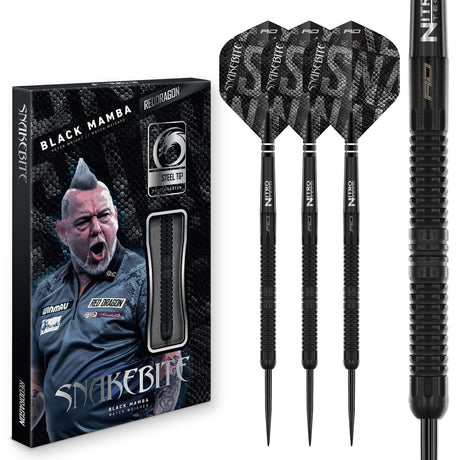 Red Dragon Peter Wright Black Mamba Steel Tip Darts main product image showing the darts, packaging, flights, shafts, and included accessories