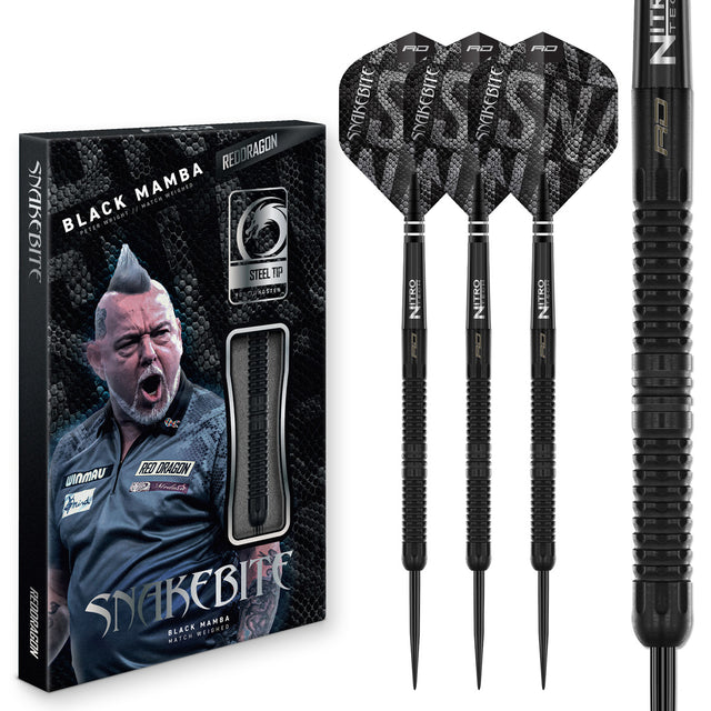 Red Dragon Peter Wright Black Mamba Steel Tip Darts main product image showing the darts, packaging, flights, shafts, and included accessories